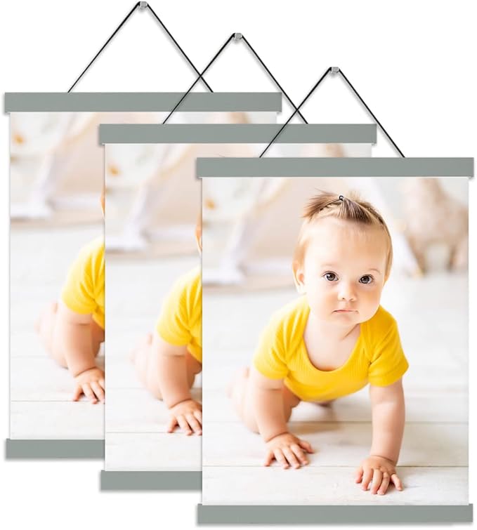 3 Pack Magnetic Poster Hanger Frame, 16x20 16x24 Poster Frames Wood Wooden Magnet Hanging Kit for Walls Print Poster Canvas Artwork Diamond Painting(16 Inch ，Gray)