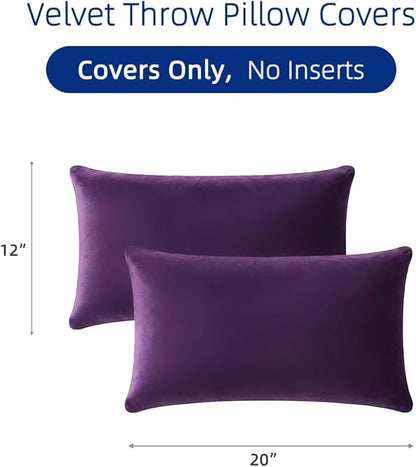 QUORGVES Purple Velvet Pillow Covers 12x20 Inch Set of 2, Soft Solid Decorative Lumbar Throw Pillow Covers, Decor Cushion Covers for Bed Sofa Couch Bedroom Living Room