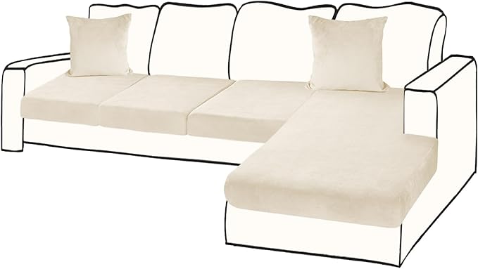 Sectional Couch Covers for 4-Piece Seat Cushion Velvet Separate L Shape Couch Cover Stretch Sofa Slipcover with 2 Pieces Pillowcases Furniture Protector (Sofa 3 Seater + 1 Chaise, Milk White)