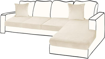 Sectional Couch Covers for 4-Piece Seat Cushion Velvet Separate L Shape Couch Cover Stretch Sofa Slipcover with 2 Pieces Pillowcases Furniture Protector (Sofa 3 Seater + 1 Chaise, Milk White)