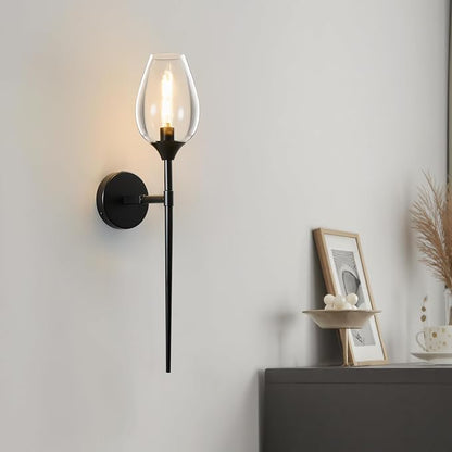 Black Glass Wall Sconce Light: Modern Decorative Sconces Lights over Mirror - Vintage Brushed Brass Bathroom Vanity Lighting with Flower Shade - Indoor Glass Wall Mount Lamp for Bedroom Living Room