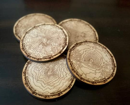 Pacific Northwest Mountains Wooden Coasters | Set of 5 | Topography Coasters Active (Walnut)