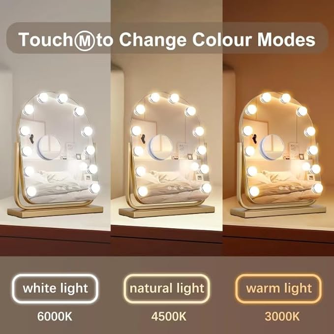 Vanity Mirror with Lights,17.3"×13" Lighted Makeup Mirror with 12 Dimmable LED Bulbs,10X Magnification Smart Touch Control Hollywood Mirror with Lights,3 Colors Dimmable,360° Rotation (Gold)