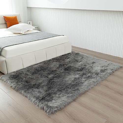 Fluffy Faux Fur Rug Gery Sheepskin Area Rug,4x6 Ft Ultra Soft Shaggy Plush Rug for Bedroom Bedside Living Room Nursery Kids Room