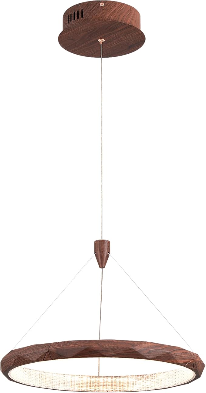 HEYAN 15.8" Farmhouse Pendant Light in Walnut Wood Finish, Light Fixtures Over Table，Original Design Angled-Facet Ring Kitchen Island Lighting for Dining Room Table Coffee Bar Counter