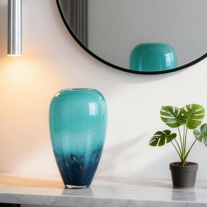 Teal Glass Vase – 11" Hand Blown Glass Vase for Teal Home Decor Accents, Wide Mouth Turquoise Vases Home Decor for Centerpieces, Dining Table, Bookshelf, Bathroom or Living Room Display