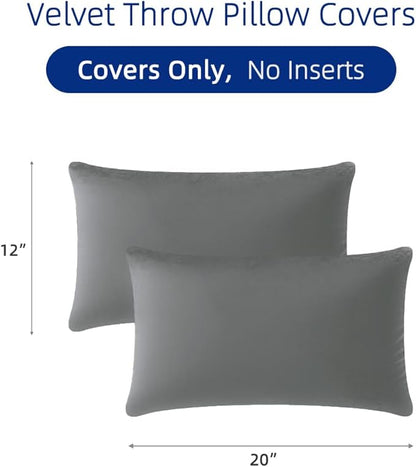 QUORGVES Dark Grey Velvet Pillow Covers 12x20 Inch Set of 2, Soft Solid Decorative Lumbar Throw Pillow Covers, Decor Cushion Covers for Bed Sofa Couch Bedroom Living Room - Dark Gray