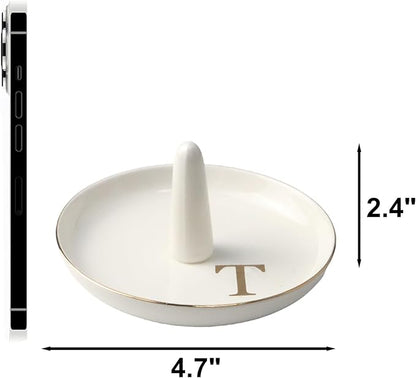 Ceramic Initials Jewelry Tray Ring Dish With Personalized T-Monogrammed Engagement Wedding Gifts, for Birthday Mother's Day for Women, Ceramic White 4.7" x2.4"