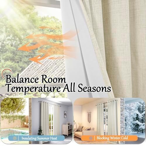 Lajode Blackout Curtains 54 Inch Length 2 Panels for Bedroom, Thermal Insulated Total Light Blocking Noise Reducing Linen Window Curtains for Farmhouse, Bronze Grommet, Natural, Each 52" Wide