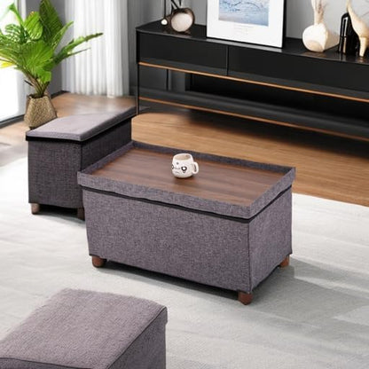 30 Inches Storage Ottoman Bench, Rect Grey, Modern, Classic Style, Linen Fabric, Walnut Wood Legs