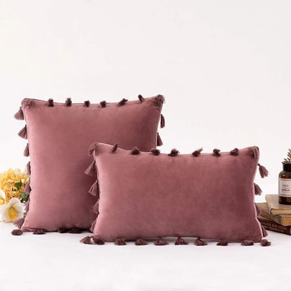 vctops Velvet Soft Solid Decorative Throw Pillow Cover with Tassels Boho Accent Cushion Case for Couch Bedroom Car WanSe 18''x18''