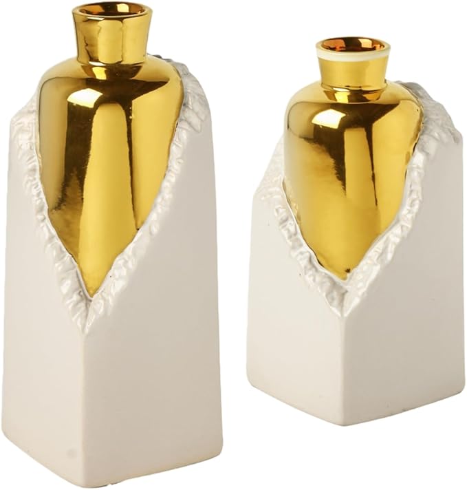 White and Gold Ceramic Vase Set, Modern Home Decor Flower Vases, 2-Piece Bud Vase for Living Room, Wedding & Hotel Dining Table Centerpieces, Fireplace or Bookshelf, 8.6" & 10.8" H