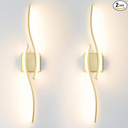 Modern Gold Wall Light Fixture Set of 2, RC Dimmable LED Wall Light Indoor, LED Wall Decor for Hallway Bedroom Living Room, Hardwired Wall Sconce with Remote Control, 27.56" in, Timer, Memory