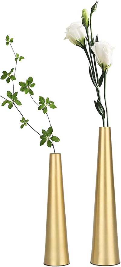 Vixdonos 10.5/8.5 inch Gold Metal Vase Small Dried Flower Vase Set of 2 Taper Vase for Wedding Table Centerpiece Decorations, Home Decor (Gold)