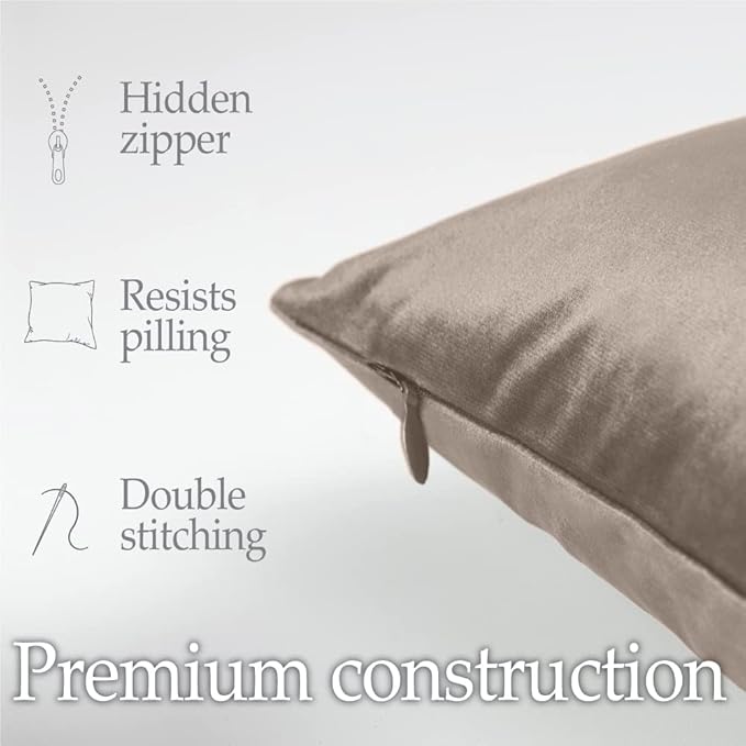 lalaLOOM Velvet Throw Pillow Covers, Set of 2, 18x18 Decorative Square Pillows Home Decor, Soft Accent Cases, Silky Machine Washable Pillowcases for Sofa, Couch, Bedroom, Living Room, Taupe