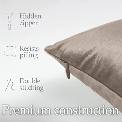 lalaLOOM Velvet Throw Pillow Covers, Set of 2, 18x18 Decorative Square Pillows Home Decor, Soft Accent Cases, Silky Machine Washable Pillowcases for Sofa, Couch, Bedroom, Living Room, Taupe