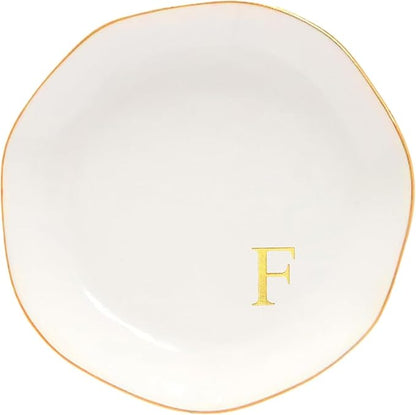 Ceramic Jewelry Tray Initial Ring Dish Personalized A-Monogrammed Engagement Wedding Gifts, for Birthday Mother's Day Christmas for Women, Ceramic White 4.75" (F)