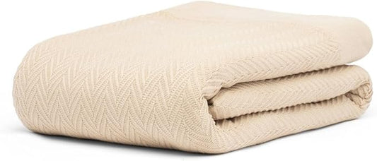 Luxury Cotton Blanket King Size – Soft & Breathable Herringbone Weave – Lightweight All-Season Bed Blanket for Warmth & Comfort – Cozy, Durable