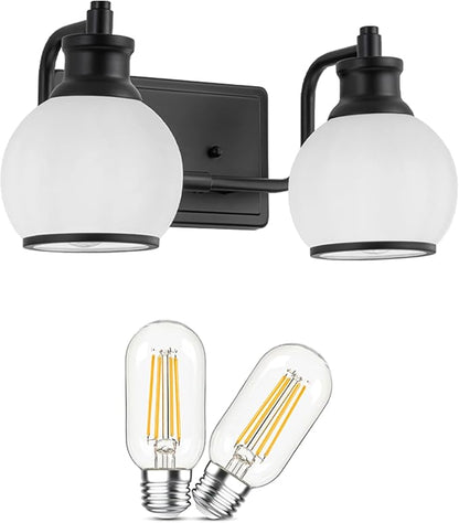 2 Light Modern Bathroom Light Fixtures Over Mirror (LED Bulbs Included), Black Vanity Lights for Bathroom Wall Sconces with Milky White Globe Glass Shades