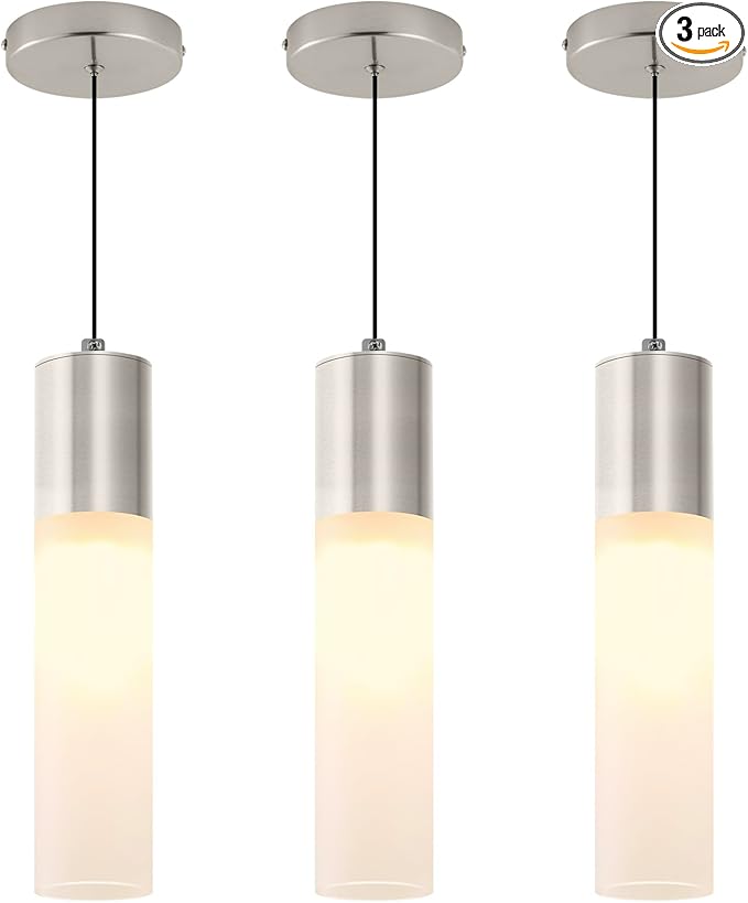 Modern Pendant Lights Kitchen Island 3 Pack LED Pendant Lighting Brushed Nickel with Milky White Lampshade Adjustable Hanging Ceiling Light for Dining Room Bath Entryway, 3000K-6000K