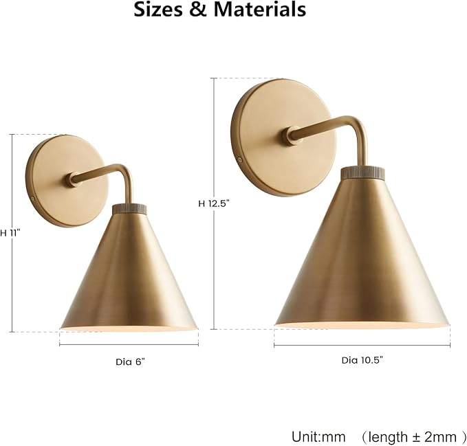 Retro Industrial Metal Cone Sconce Light - Vintage Inspired Modern Brass Wall Sconce with Metal Shade, Wall Mount Lighting for Bedroom, Hallway, Living Room (10.5“W x 10.5" L x 12.5" H Brass)