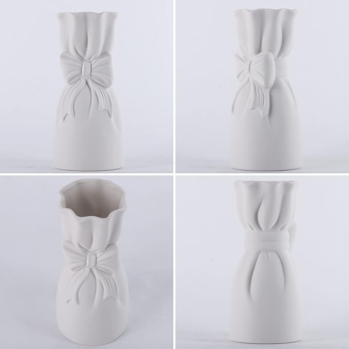 Frosted Porcelain Floral Handmade Vases,Frosted Ceramic vases,Geometric Ceramic Flower Vase for Modern Home Decoration and high-end Wedding,Matte Frosted Texture Bud Flower Vase (Bowknot Vase)
