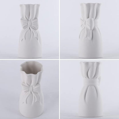Frosted Porcelain Floral Handmade Vases,Frosted Ceramic vases,Geometric Ceramic Flower Vase for Modern Home Decoration and high-end Wedding,Matte Frosted Texture Bud Flower Vase (Bowknot Vase)