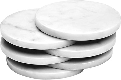 Coasters for Drinks - Set of 6 Modern Coasters - 4" Wide Drink Coasters - Made from Real Solid Marble White Marble Coasters Round Shape