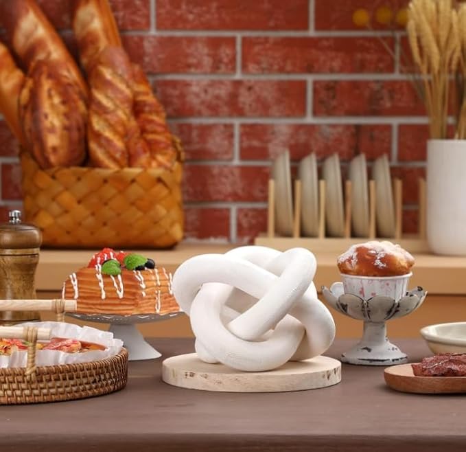 Wood Chain Link Decor 3-Link, 6 Inch Dia Hand Carved Decorative Knot, White/Wood Color, Coffee Table Decor, Country Style, Mom Gifts