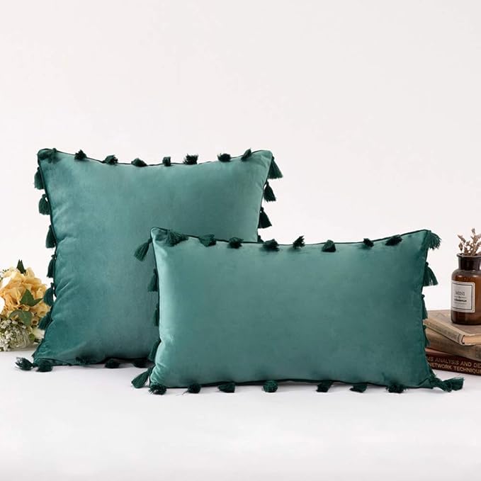 vctops Velvet Soft Solid Decorative Throw Pillow Cover with Tassels Boho Accent Cushion Case for Couch Bedroom Car Turquoise 12''x20''