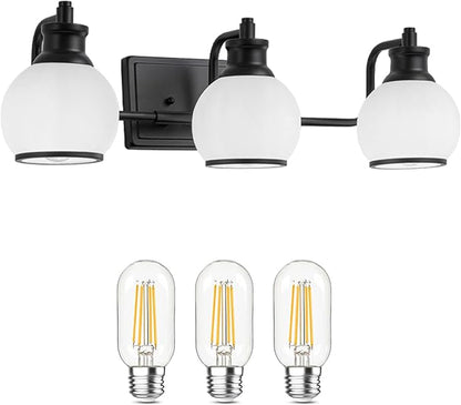 3 Light Modern Bathroom Light Fixtures Over Mirror (LED Bulbs Included), Black Vanity Lights for Bathroom Wall Sconces with Milky White Globe Glass Shades