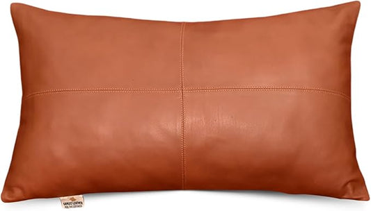 100% Lambskin Leather Pillow Cover - Sofa Cushion Case - Decorative Throw Covers for Living Room & Bedroom, 12x20 Inch - Mango Tan Antique Plain Pack of 2