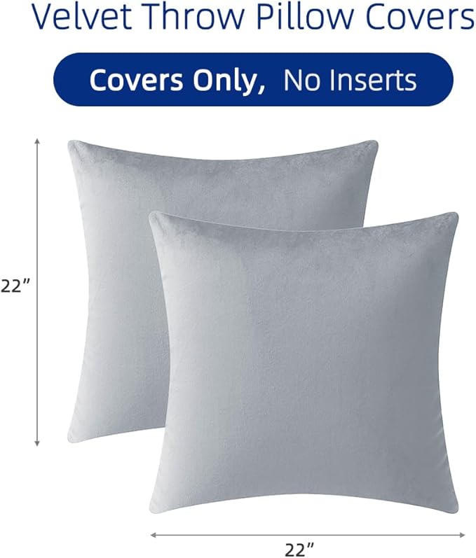 QUORGVES Light Grey Velvet Pillow Covers 22x22 Inch Set of 2, Soft Solid Decorative Square Throw Pillow Covers, Decor Cushion Covers for Bed Sofa Couch Bedroom Living Room - Light Gray