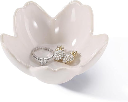 Flower Ring Dish Holder,Jewelry Dish Tray,Small Trinket Tray,Jewelry Plate Bowl,Key Bowl,Decorative Plate,Birtdhay Christmas Gifts for Women Friends,Ceramic Kiln effect White