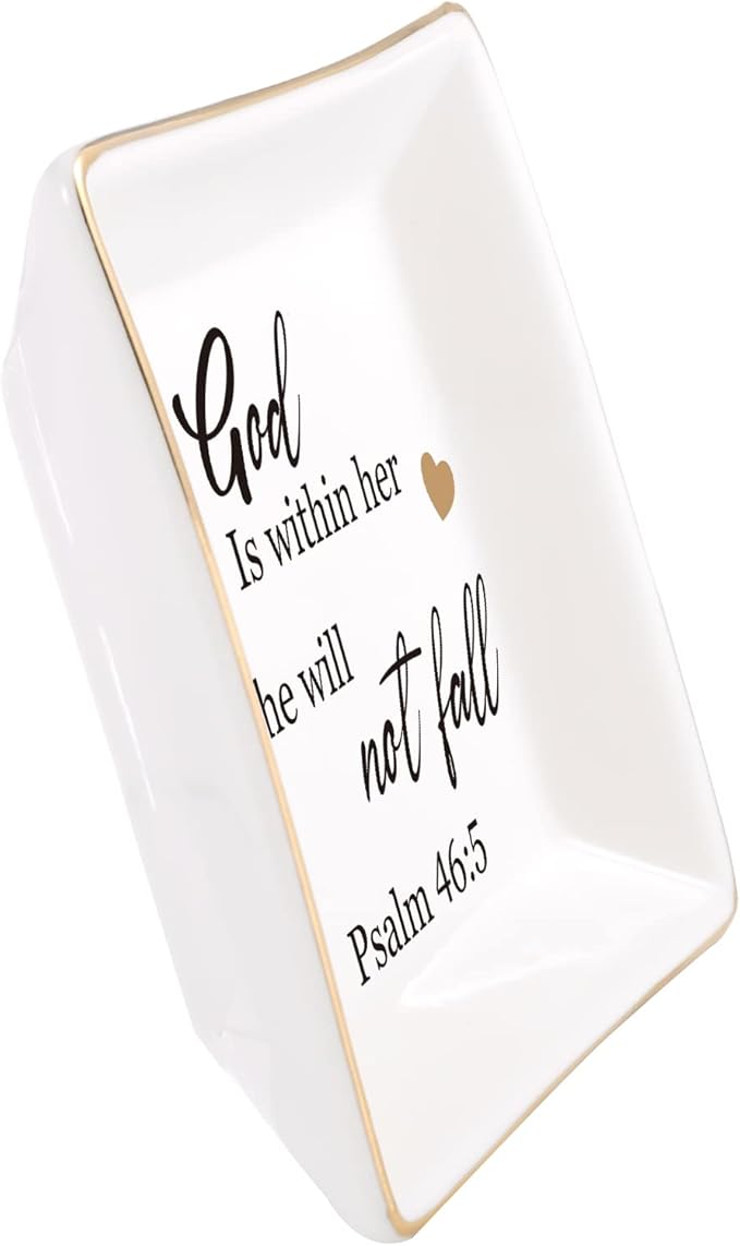 Religious Gifts for Women Christian-Ceramic Ring Dish -God is Within Her She Will Not Fall, Christian Gifts for Mom Sister Aunt