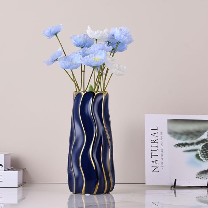 11.5" Blue Ceramic Vase - Minimalist Blue and Gold Flower Vase, Blue Decor Large Pampas Grass Vase, Boho Decorative Centerpiece Vase for Home Decor, Table, Shelf, Mantel, and Entryway