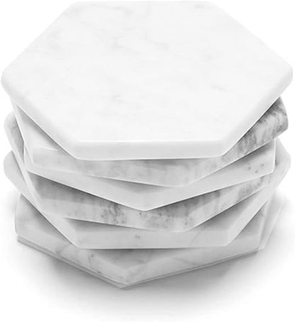 Coasters for Drinks - Set of 6 Modern Coasters - 4" Wide Drink Coasters - Made from Real Solid Marble White Marble Coasters Hexagon Shape