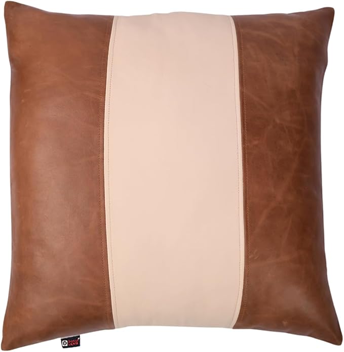 D DOLLY LAMB Lambskin Leather Pillow Cover - Sofa Cushion Case - Decorative Throw Covers for Living Room & Bedroom, 14x14 Inches - Tan & Off - White Plain