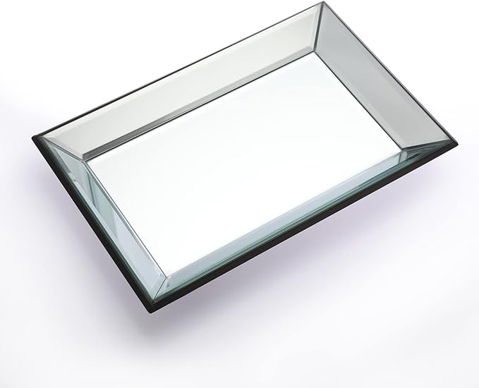 Hipiwe Glass Mirror Makeup Vanity Tray Black Rectangle Perfume Jewelry Trinket Organizer Coffee Table Centrepiece Decorative Dresser Bathroom Storage, 11.9x7.9 inch
