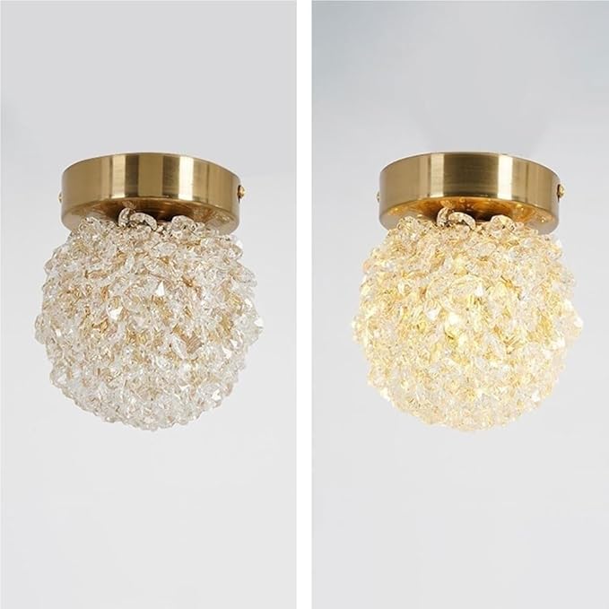 Modern Crystal Flush Mount LED Ceiling Light Brass Color Iron Electroplating Spherical Ceiling Lamp Small Hallway Entryway Corridor Decorative Lighting Fixture