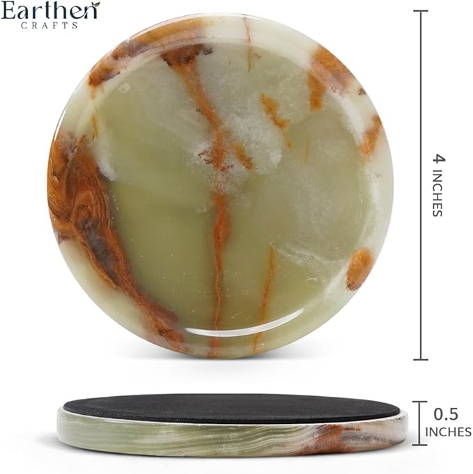 Marble Coasters Set of 4 for Drinks Green Onyx Handmade 4 Inches Stone Drink Coaster for Bar Accessories, Dining Table, Office Desk, Home Decor & Ideal