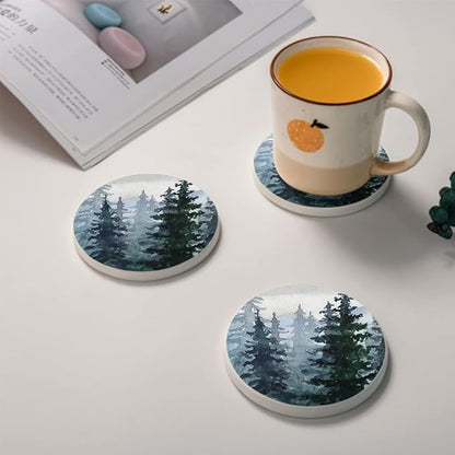 HUXJOKO Coasters for Drinks Set of 6,Watercolor Pine Forest Mountains Absorbent Ceramic Coaster,Round Stone Mat,with Cork Base and Metal Holder for Coffee Table Room Bar Home Decor Housewarming Gifts