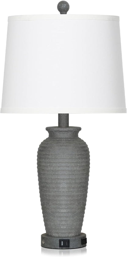 25" Grey Farmhouse Jar Table Lamps, 3 Way Touch Control Rustic Bedside Lamps with USB A+C Ports & AC Outlet, Pot Nightstand Lamps for Bedroom End Table (LED Bulbs Included)