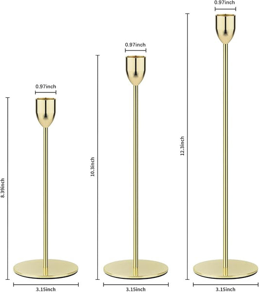 Ohtomber Metal Gold Candle Holder - 3PCS Candlestick Holders, Candlesticks Centerpiece Wedding Table Decor, Fit Pillar 3/4" Thick Tapered & Led Candles