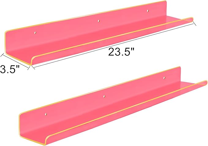 ROYALITA 24 Inches Acrylic Floating Book Shelves Wall Mounted Set of 2, Wall Hanging Plant Display Shelves, Room Decor Floating Wall Shelves for Gaming Room, Bedroom, Living Room, Office, Pink