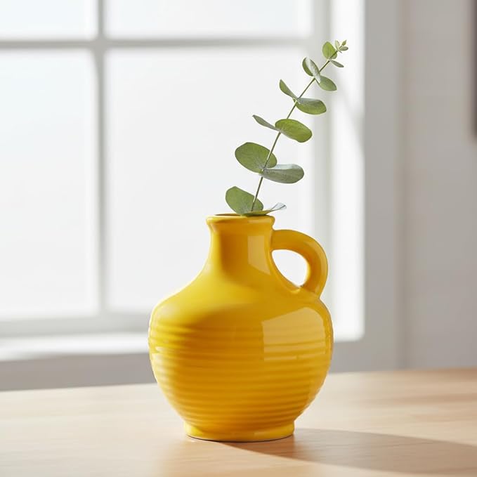 Sunddo Yellow Ceramic Vase 6 Inch - Small Modern Decorative Vase with 1 Handle for Home Decor, Living Room, Kitchen, Shelf, and Centerpiece Table Decorations