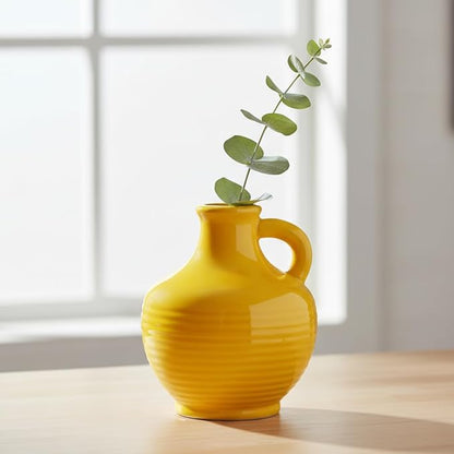 Sunddo Yellow Ceramic Vase 6 Inch - Small Modern Decorative Vase with 1 Handle for Home Decor, Living Room, Kitchen, Shelf, and Centerpiece Table Decorations
