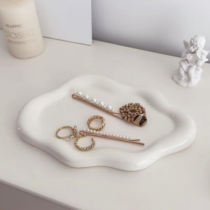 Ceramic Jewelry Tray Dish for Ring Key Trinket, Cute Cloud Shape Decorative Jewelry Plate Holder Room Decor Aesthetic Gift (White)