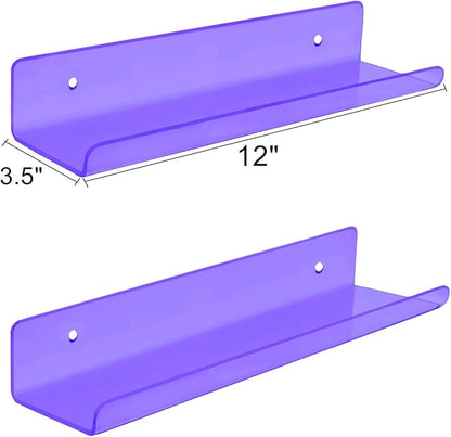 ROYALITA Small Acrylic Shelves Wall Mounted | Set of 2 | 12 Inches | Wall Hanging Plant Display Shelves, Room Decor Floating Wall Shelves for Gaming Room Bedroom, Living Room, Office, Purple