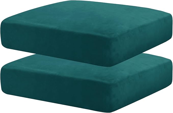 MAXIJIN Velvet Stretch Seat Cushion Covers Couch Cushion Cover for Individual Cushions Sofa Seat Cushion Slipcover with Elastic Bottom (2 Piece Sofa Cushion Covers, Blackish Green)